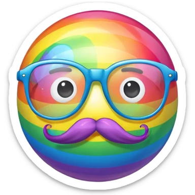 a rainbow ball with no nose  with a mustache and glasses and a bow sticker
