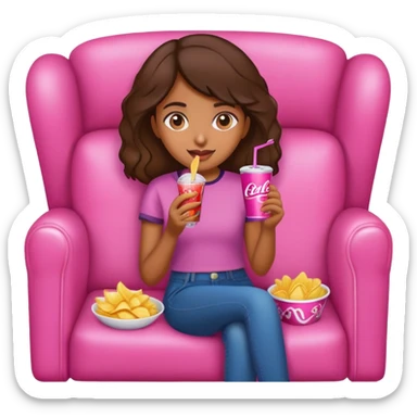 home brown girl with chips and soda drink at the pink sofa sticker