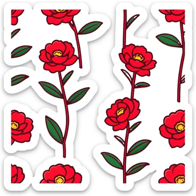 Elegant camellia japonica (tsubaki) bloom with perfect geometric arrangement of deep red petals and serrated green leaves sticker