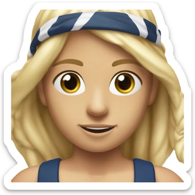 A girl with long blonde hair with wide shoulders wearing a Great Britain rowing swimming suit and has small muscles and add a necklace that has a sea shell pendant on it. She must have a  necklace around the neck and the pendant is on her chest sticker