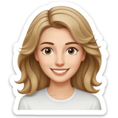 Mujer joven caucasian, cara alargada, cejas suaves, pelo rubio oscuro ondulado con puntas claras, raya al lado. Sonrisa amplia, expresión alegre. Camisa blanca. sticker