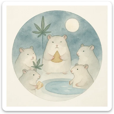 Discord server icon, circular, centered composition of a hamster cult weed and cheese pool party at night, magical and soft, watercolor style sticker