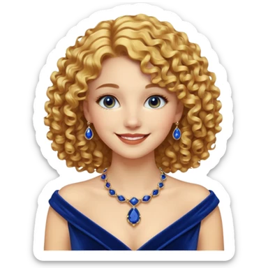 emoji of a young elegant lady, curly golden hair, wearing a velvet gown and sapphire necklace, warm smile sticker