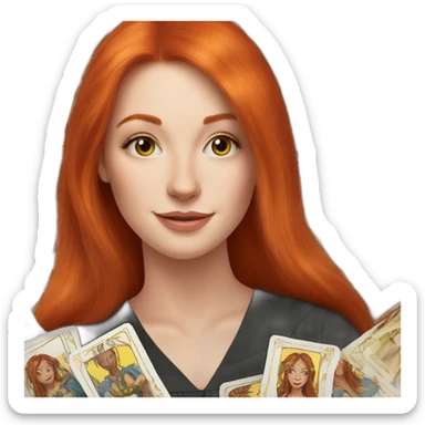 redhead white woman medium long straight hair, celebrating graduation with tarot cards sticker