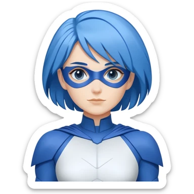 Close-up emoji of a friendly woman with blue hair (no mask on the face), wearing a minimalist blue and white superhero suit with broad shoulders. The suit has a large blank area on the chest for a logo, uses only blue and white colors, and has minimal details.  sticker