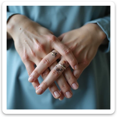 detail of hands of a woman with PCOS, fragile nails and light dark spots on knuckles (sign of insulin resistance), hyperrealistic 4K details, clinical environment sticker