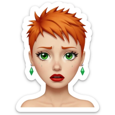 Short spikey Ginger hair, green eyes, black long eye lashes large red lips White woman crying tears on face sticker