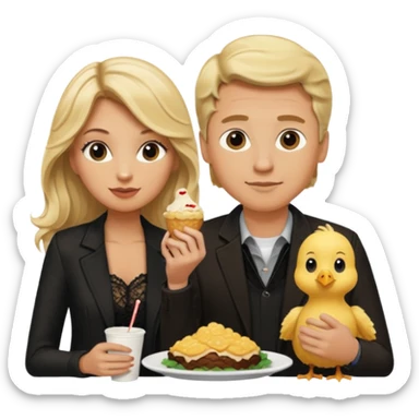 Love tan woman long wavy blonde hair and black lace  with  a man short blonde hair wearing Brown  jacket eating chick filet  sticker