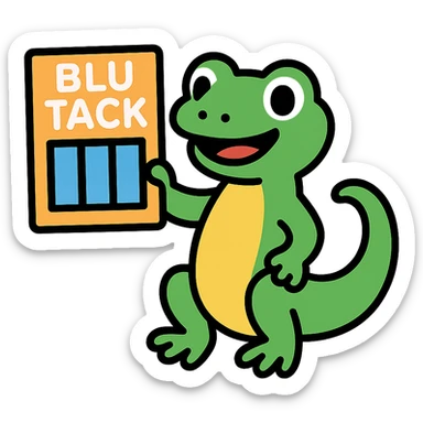a gecko holding a pack of blu tack, colorful, cheerful sticker