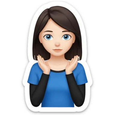 Girl with dark brown hair thats about shoulder lenght with blue eyes putting two hands on their neck in a black tshirt sticker