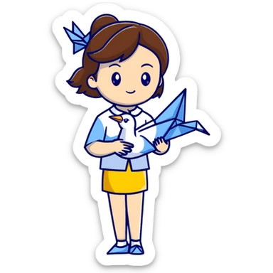 Ukrainian young girl with brown hair wearing a white embroidered shirt holds an origami yellow-blue crane sticker