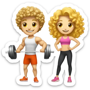 A blonde guy and a curly-haired girl lifting weights together sticker