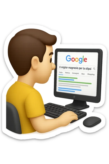 emoji stile iphone di un uomo davanti al pc che cerca di google: "Il miglior magnesio per la stipsi", iperrealistico 4k sticker