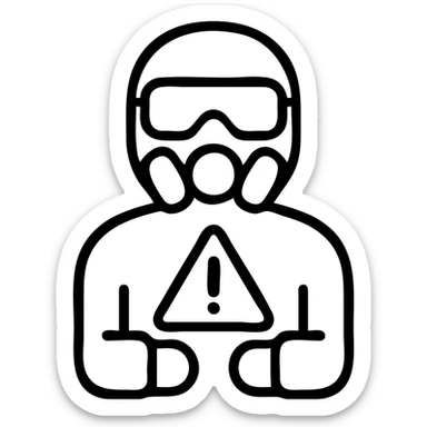 warning sign with a yellow triangle, inside a figure wearing chemical-resistant PPE including goggles, gloves, and a respirator mask, emphasizing hazard awareness sticker