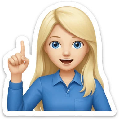 blue eyes blonde girl yelling into megaphone and holding up 1 finger in the other hand smiling long hair sticker