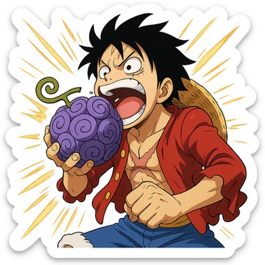 Luffy eating the gum gum fruit, classic anime style, transparent background, dynamic details sticker