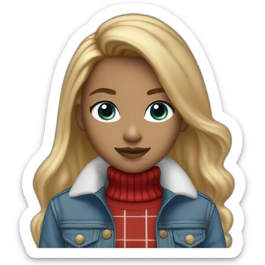 straight hair blond tall blue eye female designer with plaid brown and red sports jacket and white turtle neck sweater black boots and baggy light blue jeans sticker