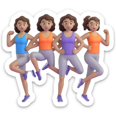 three women friends exercising together, one black woman with curly brown hair, one pale white woman with curly brown hair, and one pale white woman with straight brown hair in a ponytail sticker