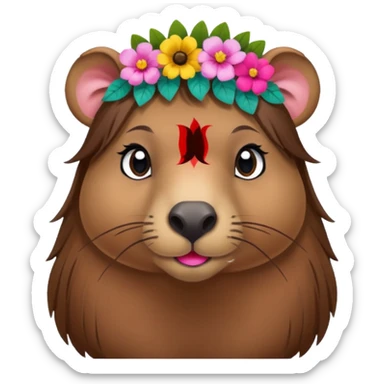 capybara with faka eye lashes and make up on - bright lipstick and eye make up - long brown hair, flowers in her hair

 sticker