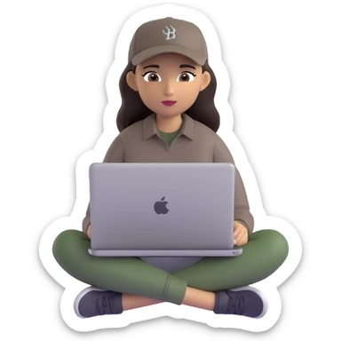 A professional 3D avatar of a young woman with olive skin and long, dark brown hair, wearing a dark, long-sleeved dark taupe shirt and a black baseball cap. She's sitting at a sleek wooden desk, typing on a silver MacBook. sticker