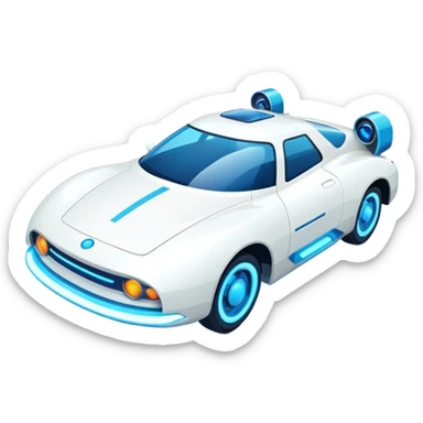 Futuristic retro hover white car with angular design and glowing blue wheels, flat vector style, minimal color palette with blue highlights sticker