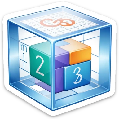 An icon featuring a transparent cube with geometric sections and mathematical calculations, symbolizing the study of mathematics. The design includes algebraic formulas, graphs, and mathematical symbols, representing advanced mathematical concepts and problem-solving. Transparent background sticker