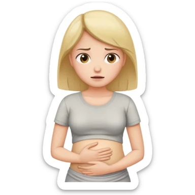 woman with stomach pain, uncomfortable expression, hands on belly sticker