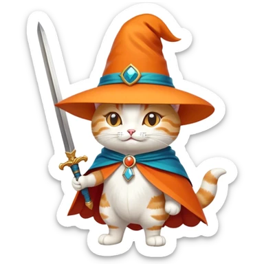 A charming cartoon-style cat wearing a wide-brimmed hat with a feather, a stylish cape, and tall boots, standing confidently with a playful smirk, holding a small sword. Bright, vibrant colors, simple and expressive design, perfect for an emoji. sticker