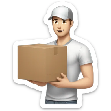 Pale skinned fit Man with dark brown hair in a white cap, gray jeans and gray polo T-shirt keeping a pasted box into his hands sticker