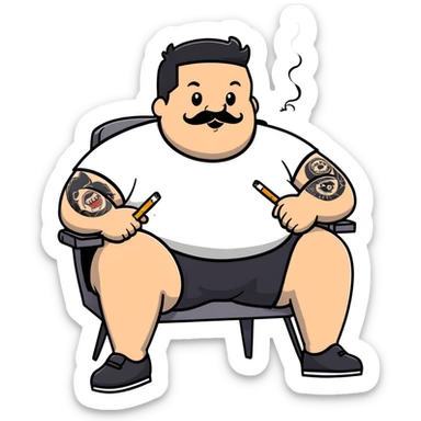 Overweight man sitting back in chair with legs spread, holding cigarette, exposed belly, round face, very short black hair (not bald), short beard with mustache, black t-shirt with light stripes on top, black shorts, arms covered in black line tattoo patterns on forearms and shoulders sticker