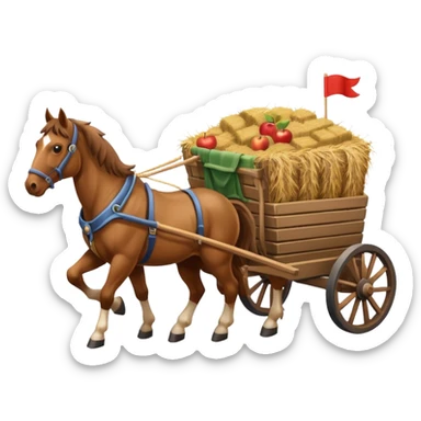 isometric horses pulling a cart with hay, apple emoji style sticker