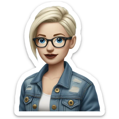 Hyper Realistic pale beautiful tattooed woman with glasses and blue eyes wearing denim jacket sticker