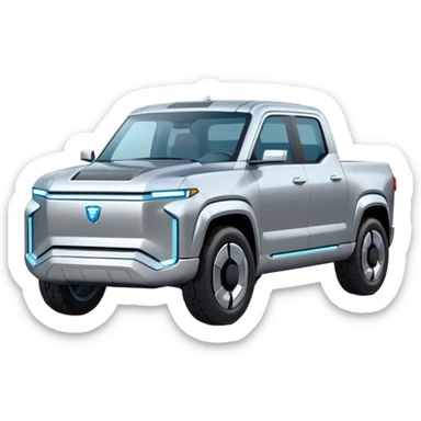A futuristic electric pickup truck emoji, silver chrome body, angular cyber design, smooth metallic panels, subtle reflections, minimalistic proportions, iOS emoji style, centered composition, clean white background, soft lighting sticker