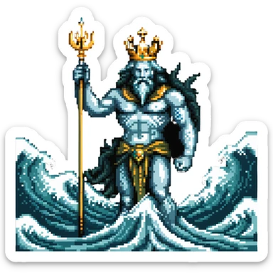 Neptune with trident emerging from ocean waves, sea god with crown sticker