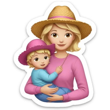 A cheerful wavy short blond hair mom in a straw hat carrying her child, wearing a pink sweater sticker