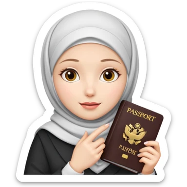 A girl with a white hijab holding a passport she is white  sticker