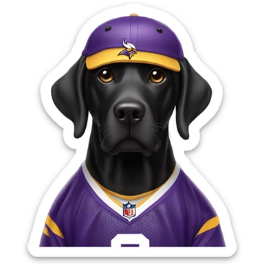 Black lab dog wearing a Minnesota Vikings jersey sticker