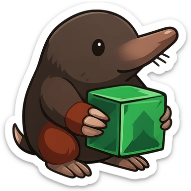 Make the character look more like a real mole with a longer nose, small eyes, and mole-like features, still holding a Minecraft emerald block. The style should be cartoonish and cute with no background. sticker