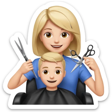 salon hair cut emoji, a person getting a haircut in a salon chair, scissors visible, cheerful expression sticker