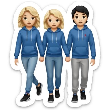 blonde girl with black haired boy holding hands, the girl has wavy hair and makeup and shes wearing jeans and a top and the boy has a jordan hoodie and jogging sporting bottoms sticker