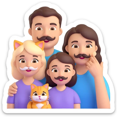 a family of three (mom, dad with mustache, daughter) with three cats, all together, friendly 3D emoji style sticker