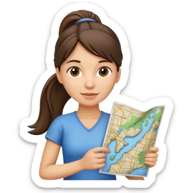 tourist brunette woman with ponytail holding map sticker