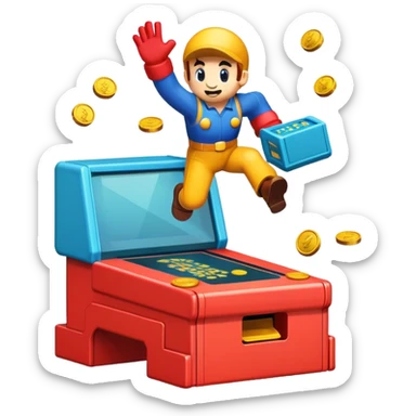 An icon featuring a classic arcade game scene, with a pixelated character jumping over obstacles and collecting coins. The design evokes the nostalgia of games like Super Mario or Sonic, with vibrant colors and a retro, 8-bit style. transparent background. sticker