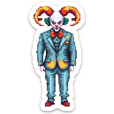 demonic clown wearing a leisure suit, bald with ram horns sticker