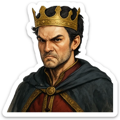 angry prince with golden crown, light skin, dark brown eyes, black hair, different style sticker
