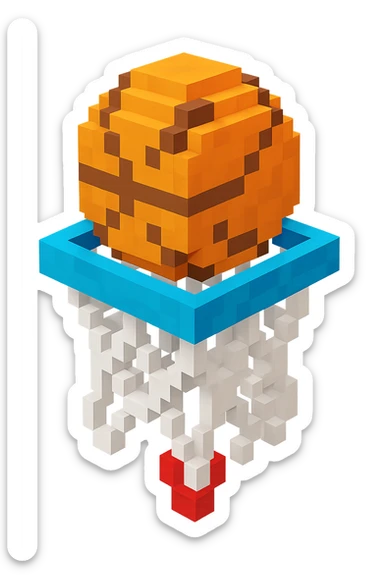 A voxel-style basketball in a net, colorful and vibrant sticker