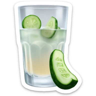 A cut glass of vodka and a small cucumber next to it.  sticker