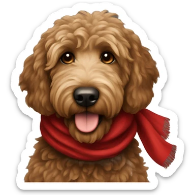 A very dark brown golden doodle with long fur wearing a red scarf sticker