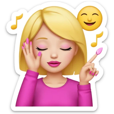 Yellow circle emoji sighing and drumming fingers up the side of their head the eye is closed it is a side profile pink lipstick and pink nails sticker