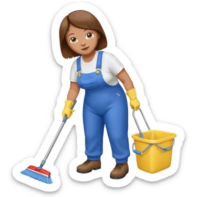 old and fat women, brown hair, Custodian with yellow rubber gloves, white T-shirt, blue overalls, mopping floor sticker